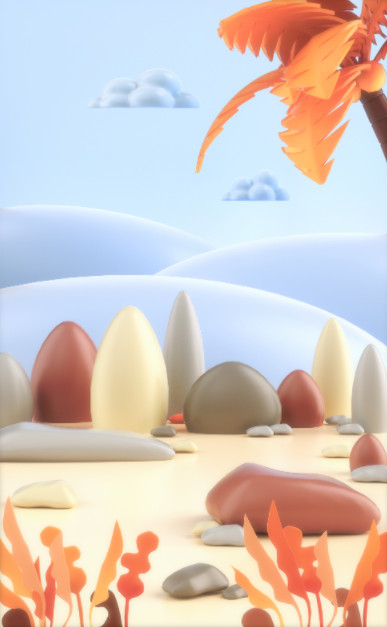 海边鹅卵石植物椰子树远山卡通场景c4d模型插图