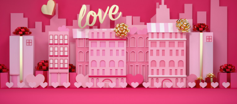 粉红色的礼物盒卡通建筑场景c4d模型插图