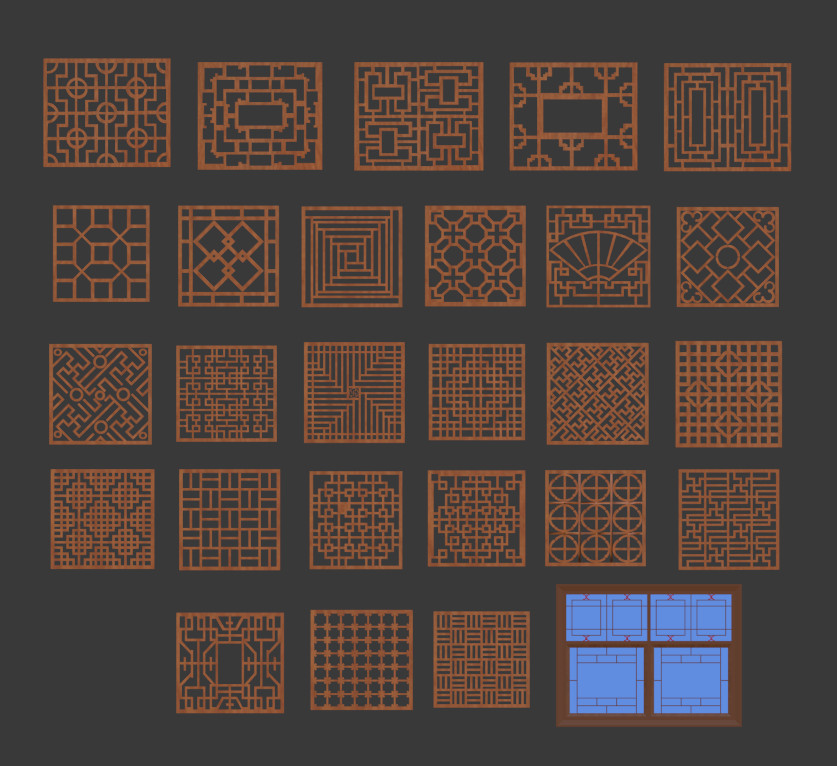 中式风格雕花木窗blender模型插图
