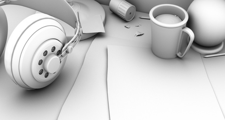 书桌上的耳麦咖啡设计纸笔maya模型插图