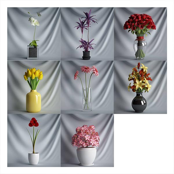 8个花卉植物花瓶组合室内装饰绿化植物c4d模型下载插图